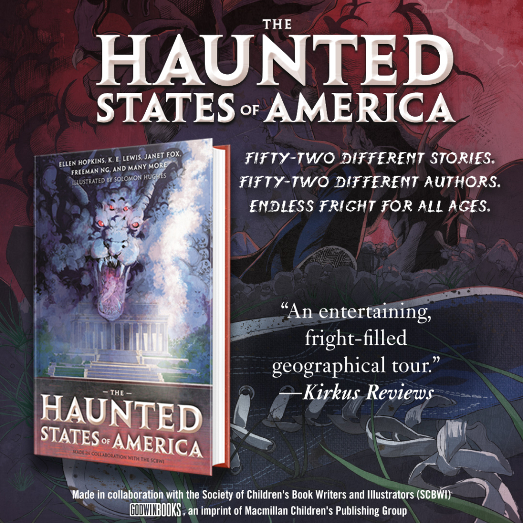 Promotional image of the cover of the book THE HAUNTED STATES OF AMERICA, a collaboration between SCBWI and Macmillan, with 52 authors, including Silvia Acevedo.
