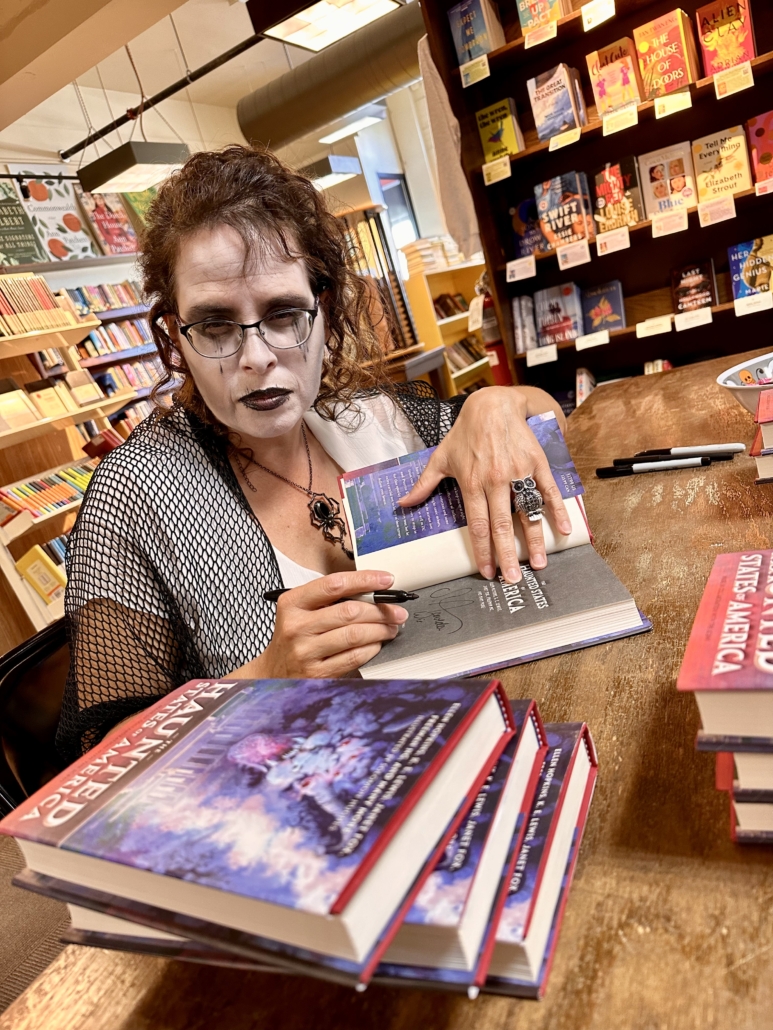 Author Silvia Acevedo in costume greeting costumed kids and signs books after reading her spooky tale from THE HAUNTED STATES OF AMERICA book