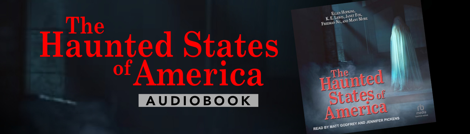 THE HAUNTED STATES OF AMERICA audiobook cover, author Silvia Acevedo represents Wisconsin. Image shows a ghostly image in a dark room with red text